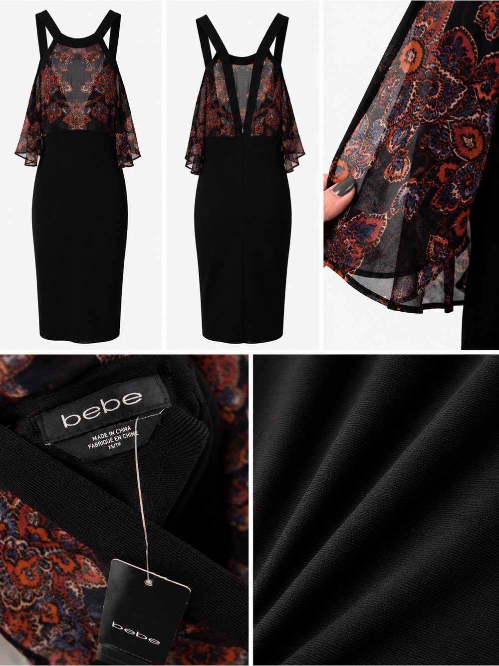 bebe Black Dress with Floral Mesh Overlay NWT